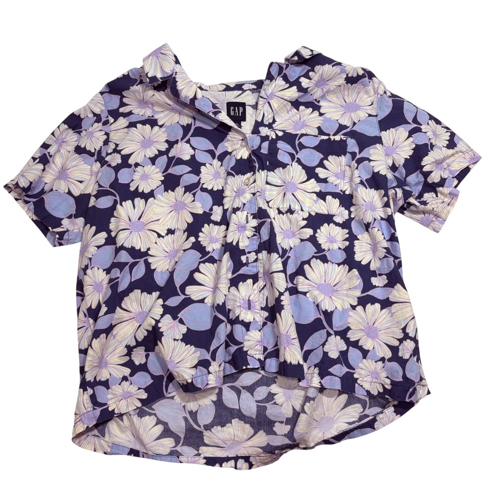 GAP Womens XXL Daisy‎ Floral Button Down Shirt Navy Purple Cotton Short Sleeve